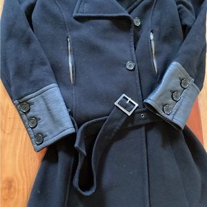 Black Italian wool/cashmere belted coat with leather cuffs